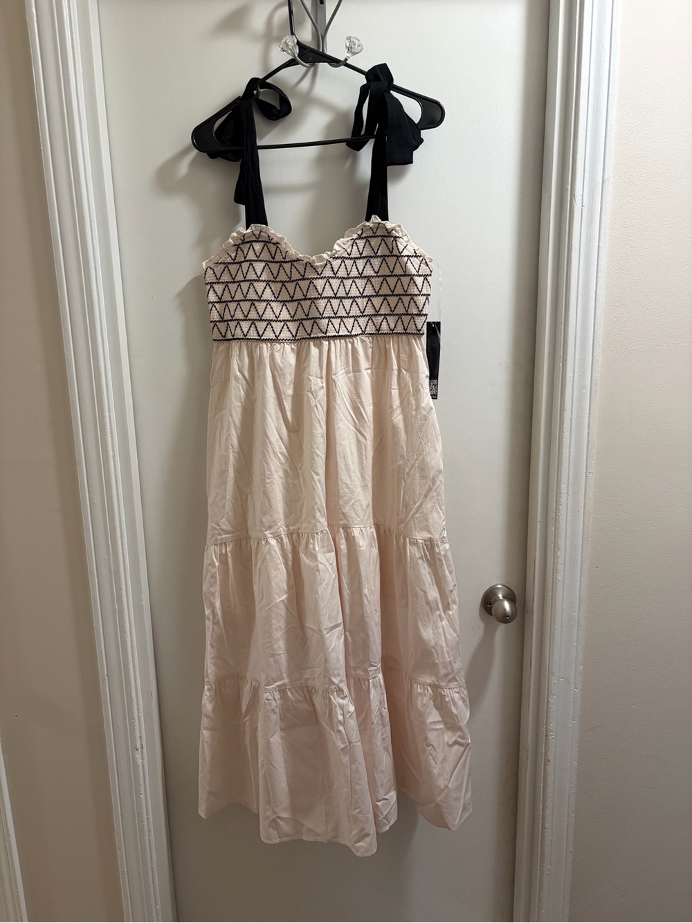 Trixxi Cream Midi Dress with Black Embroidered Bodice and Tie Straps